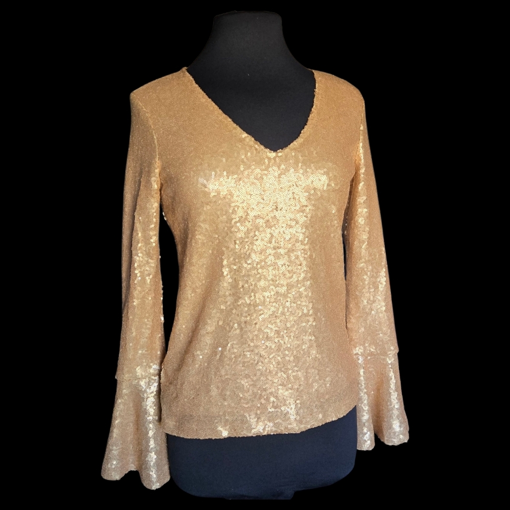 Halogen Rose Gold Metalic Sequin V-Neck Women's Top